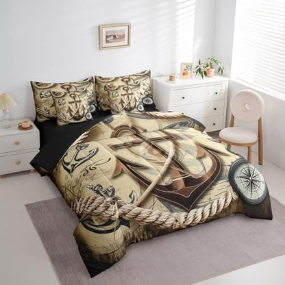 Erosebridal Nautical Anchor Bed in A Bag with Sheets King Retro Ship Anchor 7 Piece Comforter Set Navigation Compass Bedding Set,Ocean Adventure Theme Bedding Comforter Sets for Kids Boys Teens Youth