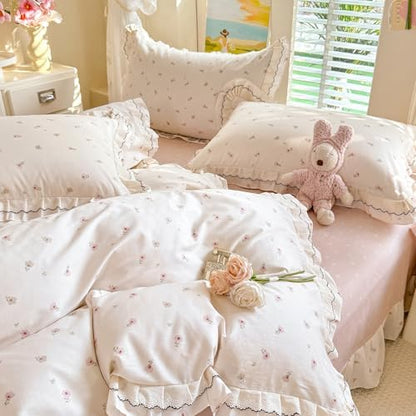 Romantic Ruffle Duvet Cover Set Twin XL, 3 Piece Cute Pink Flower Duvet Cover Girls Floral Cottagecore Bedding Set, Soft 100% Cotton Princess Lace Bedding Botanical Duvet Cover with 2 Pillowcases