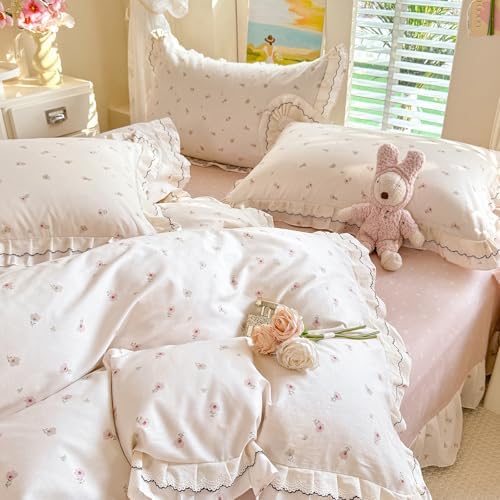 Romantic Ruffle Duvet Cover Set Queen Size, 3 Piece Cute Pink Flower Duvet Cover Girls Floral Cottagecore Bedding Set, Soft 100% Cotton Princess Lace Bedding Botanical Duvet Cover with 2 Pillowcases