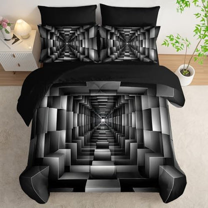 7 Piece Black and White Checkered Comforter Set Queen，Geometric Bedding Set Boys，Geometric Bedroom Decor，(1 Comforter, 1 Flat Sheet, 1 Fitted Sheet, 2 Pillowcase and 2 Pillow Sham)