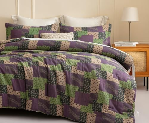 SLEEPBELLA Washed Double Layer Muslin 100% Cotton Comforter Set King Size, Purple Green Patchwork Fluffy Thick Checked Bedding Set, Soft Breathable (1 Comforter, 2 Pillow Shams)