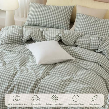 JIYUAN California King Washed Cotton Duvet Cover Set,Classic Gingham