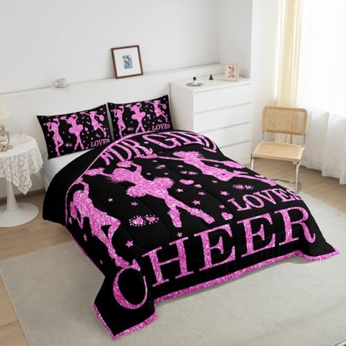 Just for Girl Loves Cheer Comforter Set King Teen Girls Cheer Sports Bedding Sets for Cheerleader Gifts,Pink Purple Glitter Sequins Quilt Duvet Love Hearts Star Decor Comforter Black Room Decor 3 Pcs