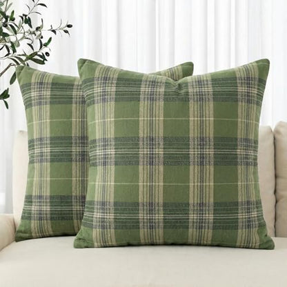 AVOIN colorlife Spring Summer Green Khaki Plaid Decorative Throw Pillow Covers, 18 x 18 Inch Holiday Scottish Tartan Cushion Case Farmhouse Decoration for Sofa Couch Set of 2