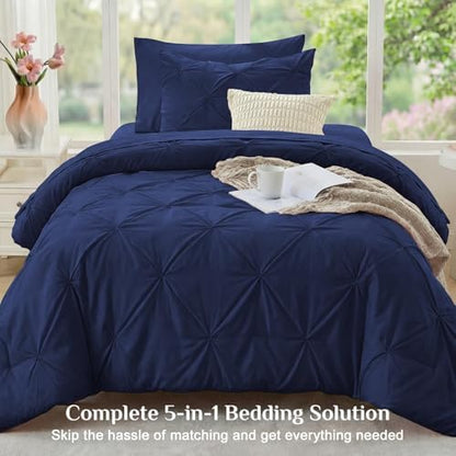 JOLLYVOGUE Twin Comforter Set 5 Pieces - Bed in a Bag Twin for All Season, Pintuck Bedding Comforter Sets with Comforter, Flat Sheet, Fitted Sheet and Pillowcases & Shams, Navy