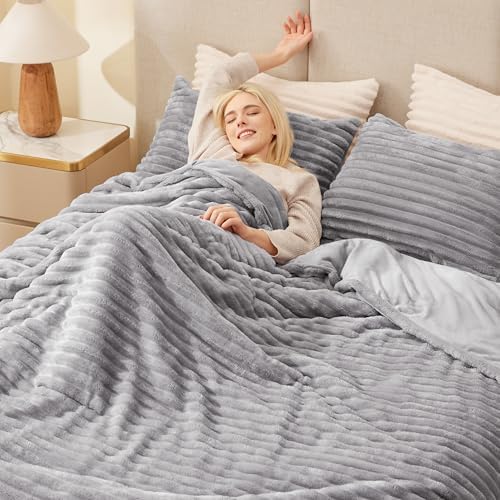 EXQ Home Fluffy Comforter Set Queen Size,3 Pieces Bed Set,Light Gray