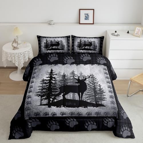 Castle Fairy Rustic Deer Plaid Comforter Set Twin Size Animal Hunting Bear Paw Print Bedding Set for Kids Boys Pine Trees Retro Grid Quilted Duvet Set with 1 Pillowcase,Polyester