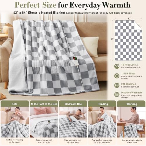 Grey Electric Blanket Heated Twin 62"X84", Heating Blanket Twin