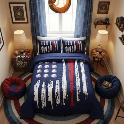 Castle Fairy Kids Baseball Gaming Comforter Full Size Navy Blue Bedding Set for Boys Girls Teens Bedroom Decor American Flag Comforter Set Women Men Ball Games Quilt with 2 Pillow Cases