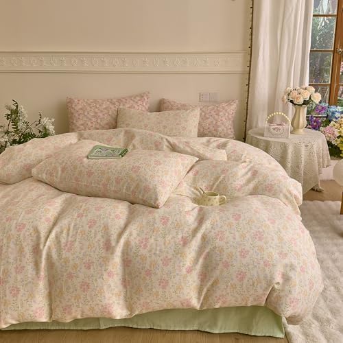 VM VOUGEMARKET Flower Duvet Cover Twin Sage Green Teen Girls Cotton Duvet Cover with Zipper Ties Chic Rust Floral Bedding Set Without Comforter -Green,Twin