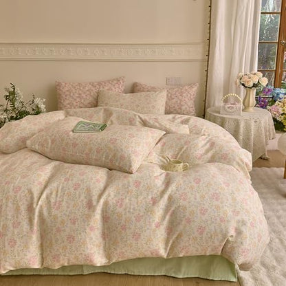 VM VOUGEMARKET Flower Duvet Cover Twin Sage Green Teen Girls Cotton Duvet Cover with Zipper Ties Chic Rust Floral Bedding Set Without Comforter -Green,Twin
