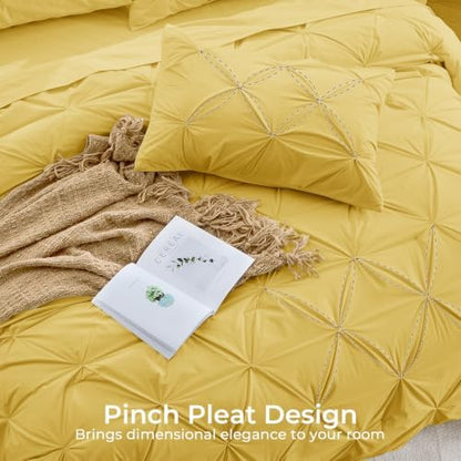 Sasttie Queen Comforter Set, 7-Piece Bed in a Bag, Pintuck Bedding Sets for All Season, Includes Comforter, Flat Sheet, Fitted Sheet, Pillowcases and Pillowshams, Mustard Yellow