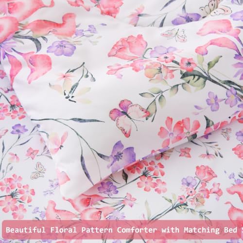 lasoftan Floral Queen Comforter Set with Sheets, 7 piece Luxury Vintage Bedding, Soft Microfiber Bed in a Bag, Cozy Lightweight Bed Set, Pink Floral Botanical