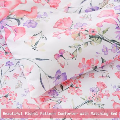 lasoftan Floral Queen Comforter Set with Sheets, 7 piece Luxury Vintage Bedding, Soft Microfiber Bed in a Bag, Cozy Lightweight Bed Set, Pink Floral Botanical