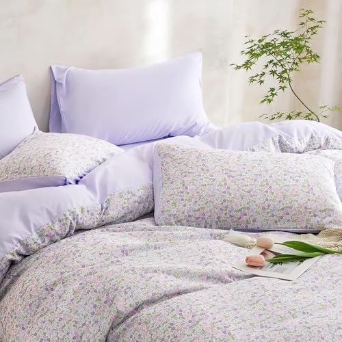 Wake In Cloud - Floral Comforter Set, Cute Vintage Flower Cottagecore Aesthetic for Women Teen Girls, Soft Lightweight Dorm Bedding, 3 Pieces, Lilac, Twin/Twin XL Size