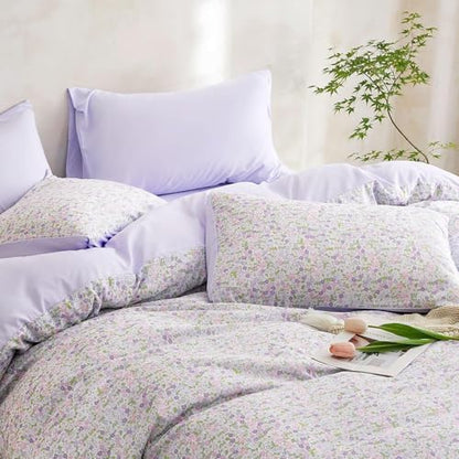 Wake In Cloud - Floral Comforter Set, Cute Vintage Flower Cottagecore Aesthetic for Women Teen Girls, Soft Lightweight Dorm Bedding, 3 Pieces, Lilac, Twin/Twin XL Size