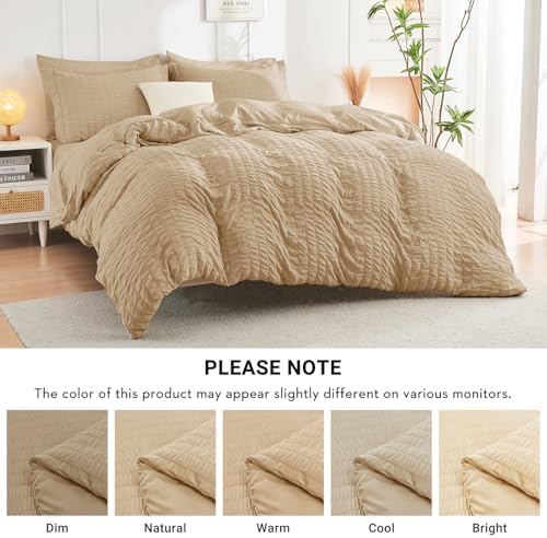 HYMOKEGE Khaki Full Size Comforter Sets Seersucker 7 Pieces, All Season Luxury Bed in a Bag for Bedroom, Bedding Set with Comforter, Sheets, Pillowcases & Shams