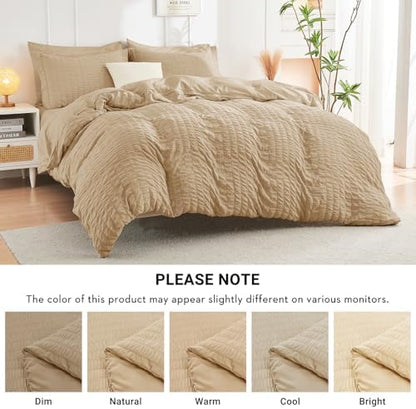 HYMOKEGE Khaki Full Size Comforter Sets Seersucker 7 Pieces, All Season Luxury Bed in a Bag for Bedroom, Bedding Set with Comforter, Sheets, Pillowcases & Shams