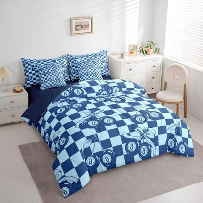 Erosebridal Navy Blue Boys Full Bedding Set 7 Piece Fashion Y2K Lucky 8 Ball Comforter Set for Kids Teen Adults,Cute Cherry Bow Bed in A Bag with Sheets Preppy Aesthetic Geometric Plaid Bed Set
