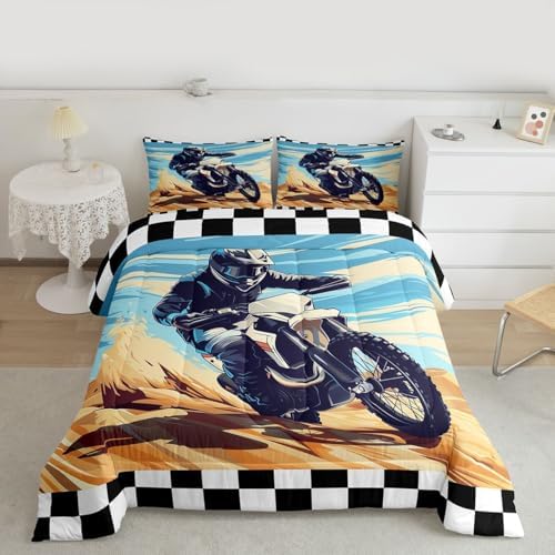 Feelyou Desert Motocross Rider Bedding Set Soft for Boys Girls,Dark Gear Dirt Bike Comforter Set Twin Sand Track Design Duvet Quilt Checkered Flag Off-Road Racing Design 2 Pcs with 1 Pillow Cases