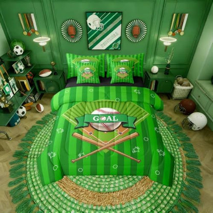 Erosebridal Boys Baseball Gaming Pattern Boys Kids Green Comforter Set Queen Size 7 Pieces | Ball Games Sports Theme Bed in A Bag Playground Bed Set Stripes Geometric Bedding