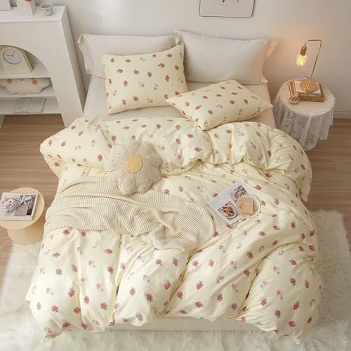 LifeTB Cute Strawberry Duvet Cover Full Size Soft Cotton Kawaii Strawberry Bedding Sets Kids Girls Bedroom Decor Cotton Comforter Cover 3 Pieces Cute Fruit Bedding Set Cream White with 2 Pillowcases