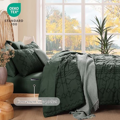 Queen Comforter Set Dark Green Tufted Boho Geometric Bedding Sets 7 Pieces