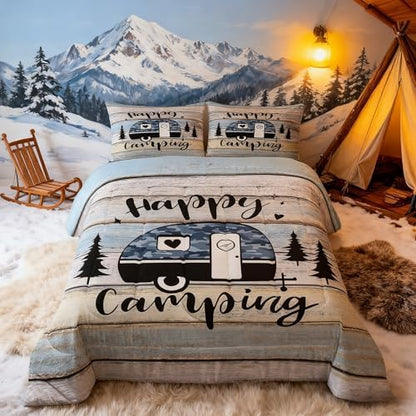 Happy Camping RV Kids Comforter Set Full Size,Pine Camo Camper Rustic Farmhouse Bedding Set,Girls Boys Room Decor,Wooden Plank Cottage Country Quilt Comforter,Blue Chic Duvet Insert,2 Pillowcases