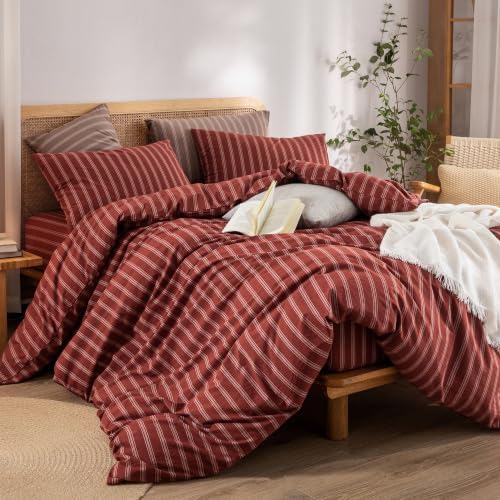 BESTOUCH Striped Cotton Duvet Cover Set Linen Feel Queen