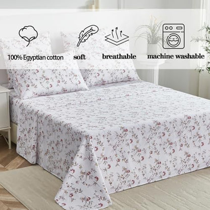 FADFAY Sheets Set Queen Rustic Pink Floral Botanical Bedding Set Luxury 100% Egyptian Cotton Bed Sheet Set Soft Breathable for All Season Bedoom Decor with 17.7 Deep Pocket Fitted Sheet, Queen Size