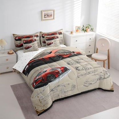 Feelyou Red Race Car Comforter Set with Sheets Full Size Kids Speed Sports Car Manuscript 7 Pieces Bedding Set for Boys Girls Teens Racing Car Line Bed in a Bag Breathable Extreme Sports Bed Set