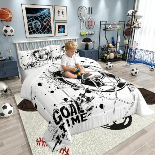 Erosebridal Kids Football Comforter Set King Size American Soccer Bedding Set Sports Games Duvet Sets for Boys Girls Children Teens Geometric Polygon Quilt for Bedroom, Black White