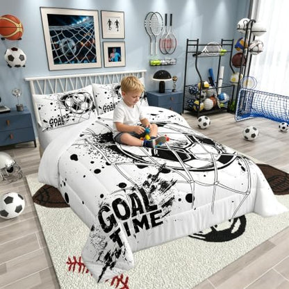 Erosebridal Kids Football Comforter Set King Size American Soccer Bedding Set Sports Games Duvet Sets for Boys Girls Children Teens Geometric Polygon Quilt for Bedroom, Black White