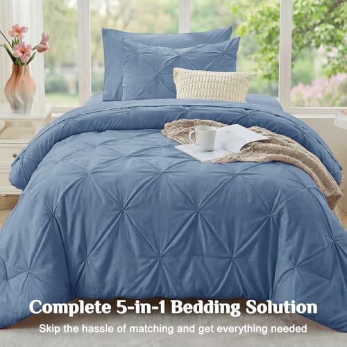 JOLLYVOGUE Twin Comforter Set 5 Pieces - Bed in a Bag Twin for All Season, Pintuck Bedding Comforter Sets with Comforter, Flat Sheet, Fitted Sheet and Pillowcases & Shams, Slate Blue