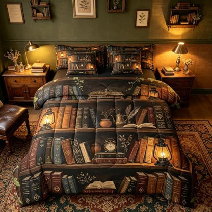 Erosebridal Library 7 Piece Bedding Set King Vintage Bookshelf Comforter Set with Sheets Books Retro Old Bookcase Wooden Bed in a Bag Magic Bookrack Education Reading Bed Sets Comforter