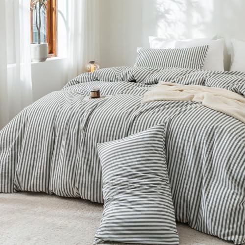 FOSSA Striped Duvet Cover Set 100% Washed Cotton Linen Feel King
