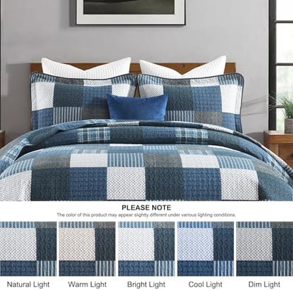 Quilta 100% Cotton Quilt Set, Navy/Black/White Plaid Bedspread Queen Size