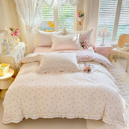 mixinni Shabby Chic Tiny Pink Floral Duvet Cover Twin, 100% Cotton Reversible Bedding with Double Ruffle Black Lace Trim, Vintage Farmhouse Princess Comforter Cover with Zipper & Corner Ties