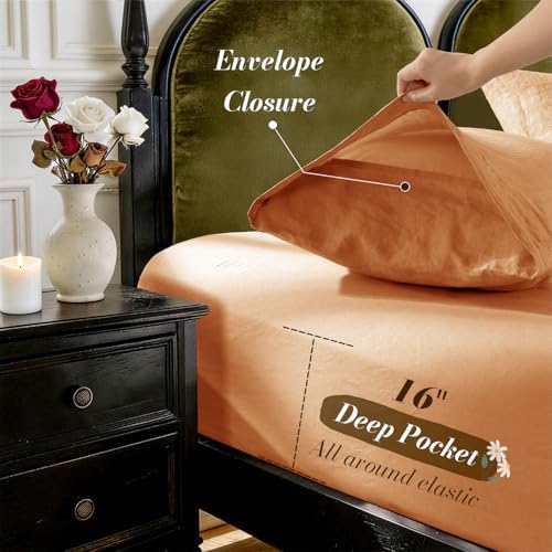 SONORO KATE 100% French Linen Queen Size Sheets Set,Natural Flax Bedding