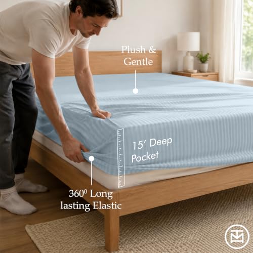 Threadmill 600TC Cotton Twin XL Sheet Set, Sateen, Damask Stripe, Blue