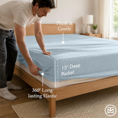 Threadmill 600TC Cotton Twin XL Sheet Set, Sateen, Damask Stripe, Blue