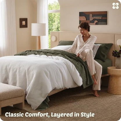 Bedsure PureWoven 3 Pieces 100% Cotton Waffle Duvet Cover Set, Queen, White