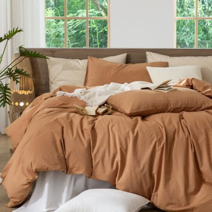 MooMee Striped Duvet Cover Set 100% Washed Cotton Linen Like King
