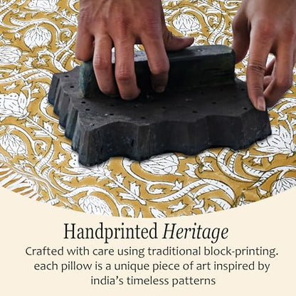 CPC Block Print Mustard Regal Ruffle Cotton Lumbar Pillow Cover 14x36 inch