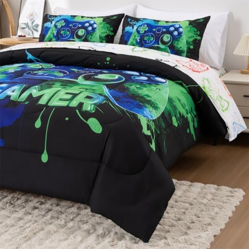 NTBED Game Console Comforter Set for Boys Girls Kids Tie Dye GamingLightweight Microfiber Gamer Bedding Sets (Blue Green, Full 5Pcs)
