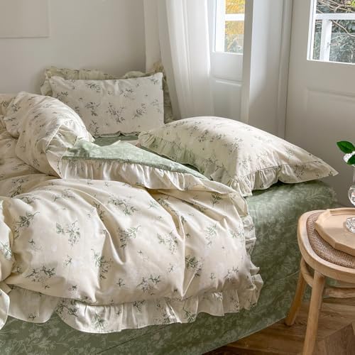 mixinni Reversible Sage Green Floral Duvet Cover Set King Size - 100% Cotton Cute Botanical Patterns Bedding Set with Ruffle Lace, 3PCs Beige Soft Aesthetic Cottagecore Style Duvet Cover for Girls