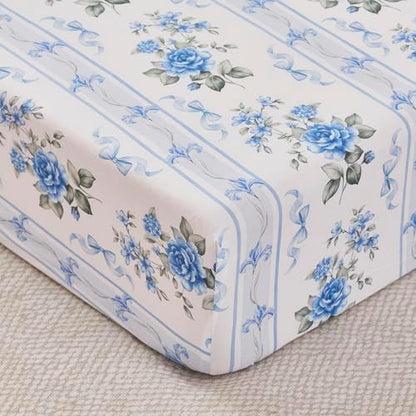 Brandream Organic Cotton Baby Crib Bedding Set for Girls 3 Pieces Ruffled Vintage Cottagecore Baby Bedding with Rose Botanical Stripe Print, Soft French Country Farmhouse Nursery Crib Set