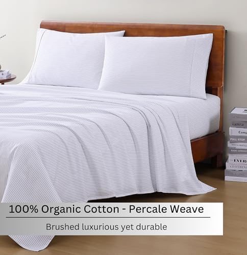 LANE LINEN Full Size Bed Sheets 100% Organic Cotton Soft - Ticking Stripe