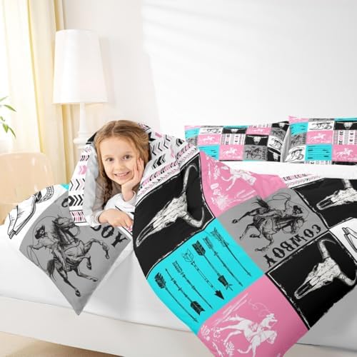 Manfei Cowboy Comforter Set Twin Size, Bull Skull Horse Arrow Bedding Set 2pcs for Kids Boys Girls Room Decor, Geometric Grid Blue Pink Plaid Quilt Set Western Duvet Set with 1 Pillowcase