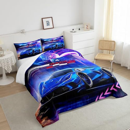 Feelyou Blue Race Car Bedding Set Toddler Size for Kids Boys Extreme Sports Car Comforter Set Decorations Teens Galaxy Planet Car Duvet Set Cool Modern Quilt Set 2Pcs